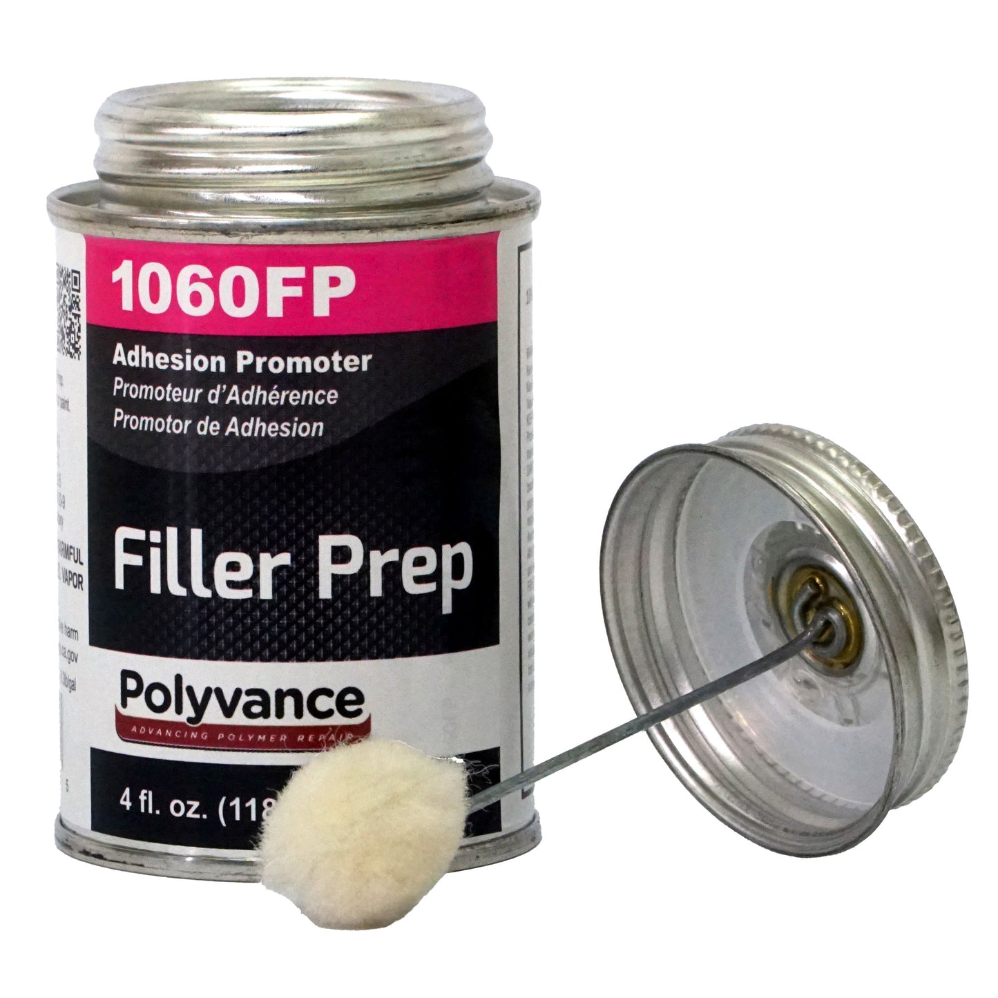 A can of Filler Prep adhesion promoter with the lid off, revealing the brush on the bottom of the lid