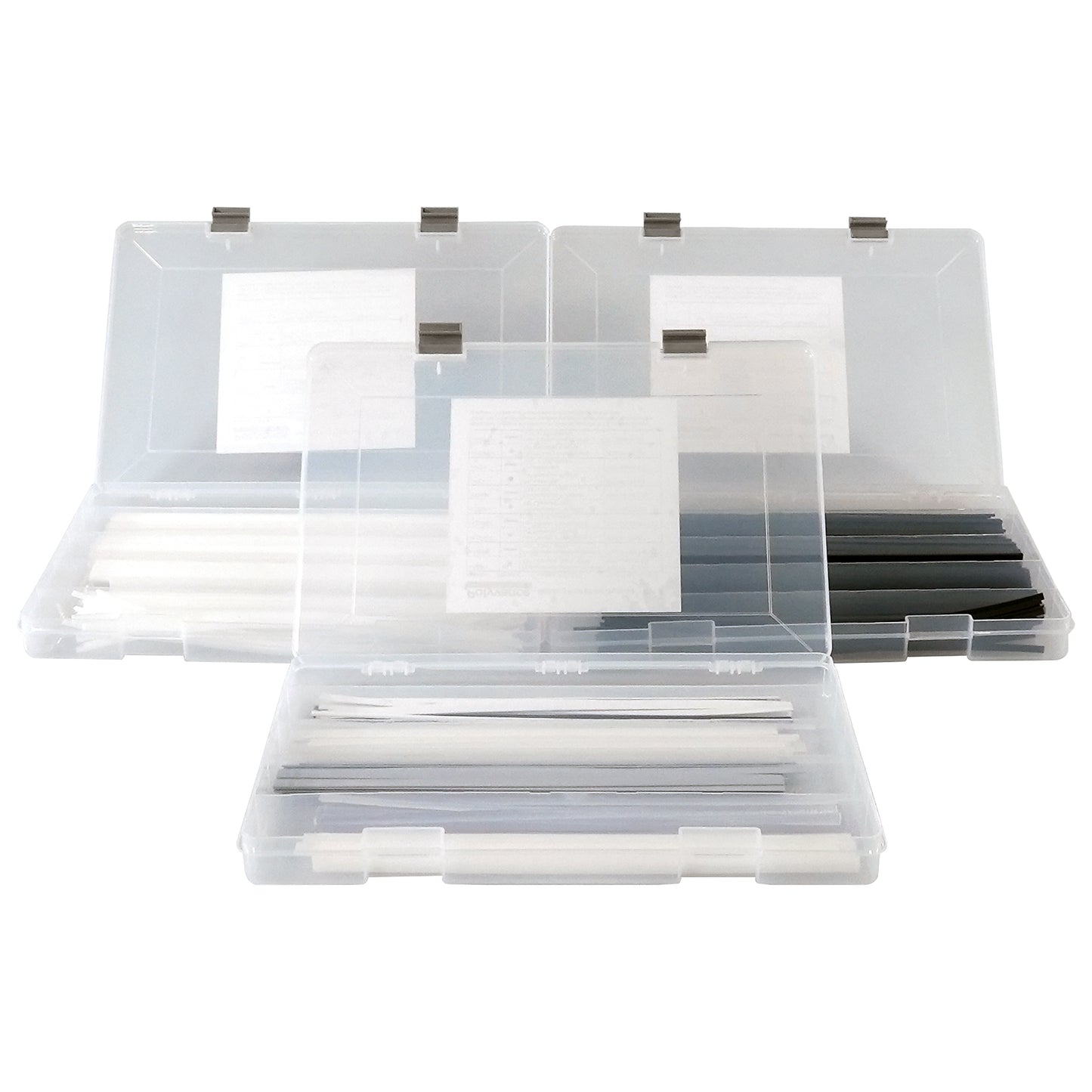 Three open plastic boxes, each filled with plastic welding rods. Each box contains different rods, with 21 types total