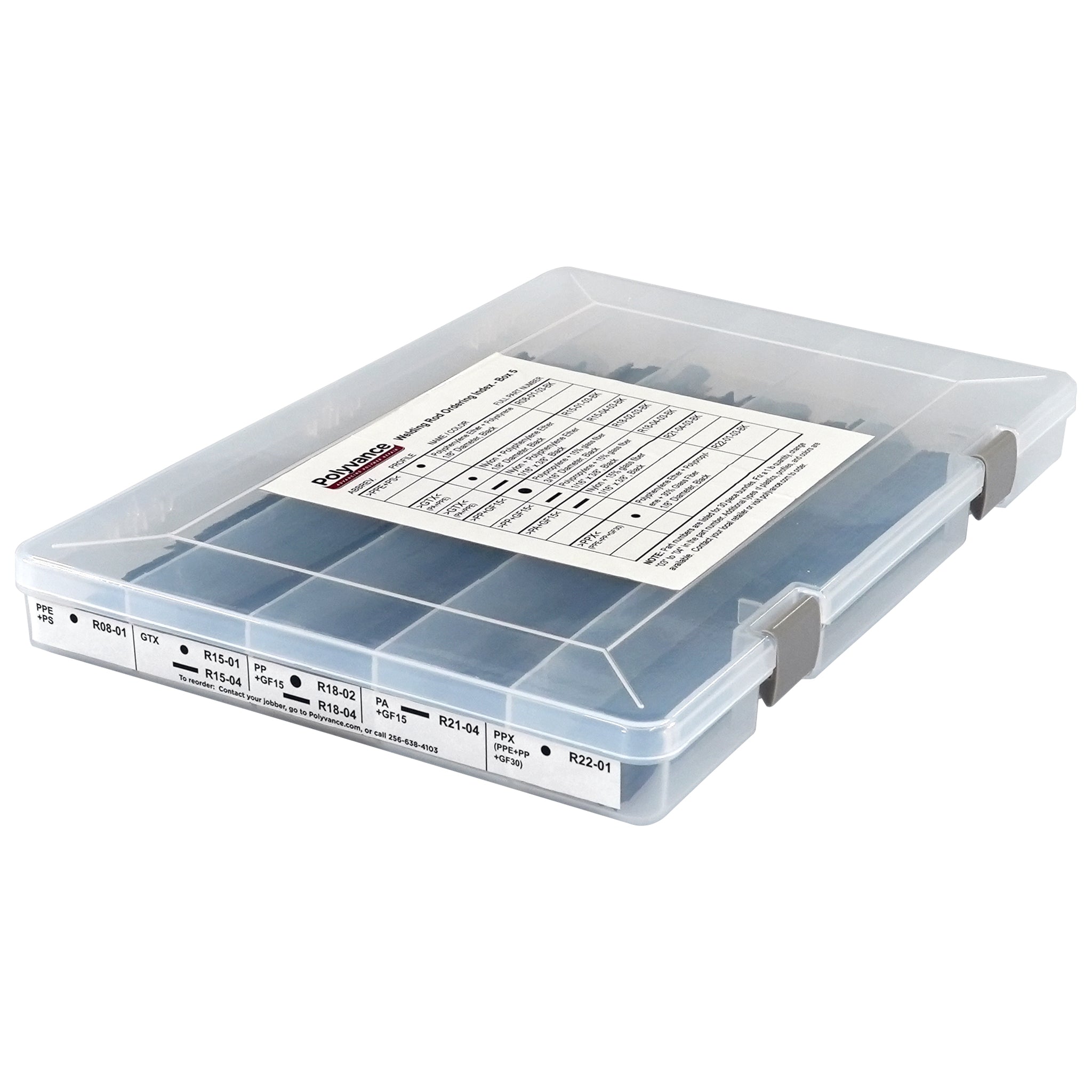 One closed plastic organizer box filled with welding rods. The top and end of the box has a label identifying the welding rods within.