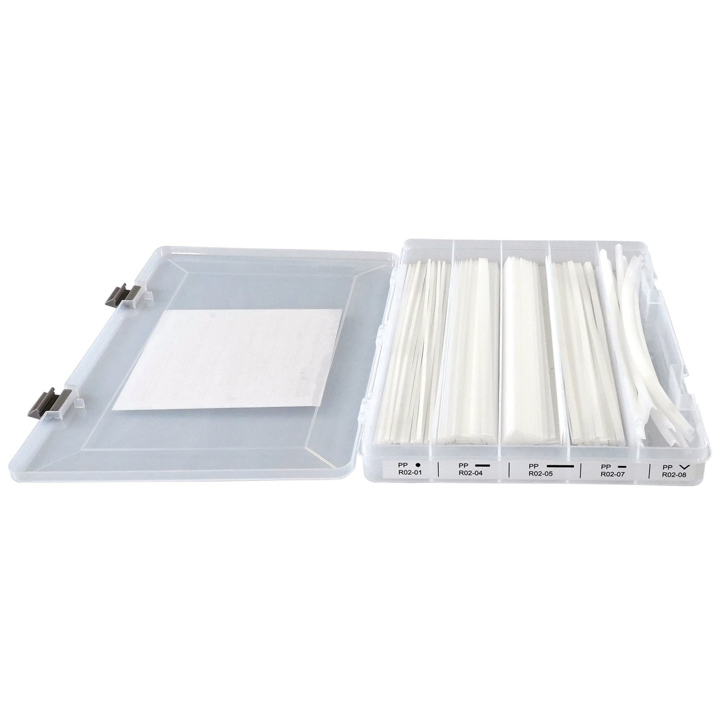One open plastic organizer box filled with a variety of natural polypropylene welding rods. The end of the box has a label identifying the welding rods within.