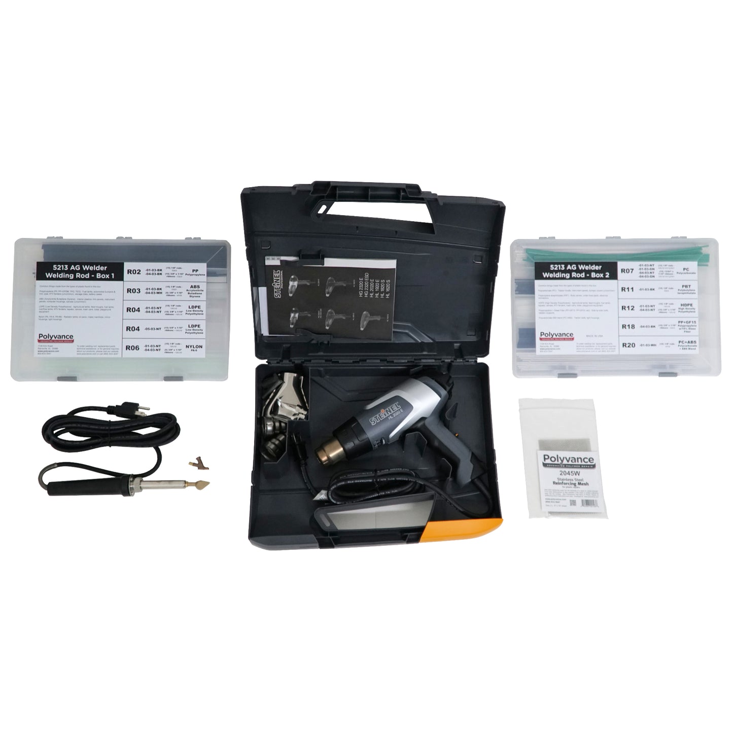 An open case with a hot air welder and nozzles inside. To the sides are an airless welder and tip, welding rod boxes, and stainless steel wire mesh.
