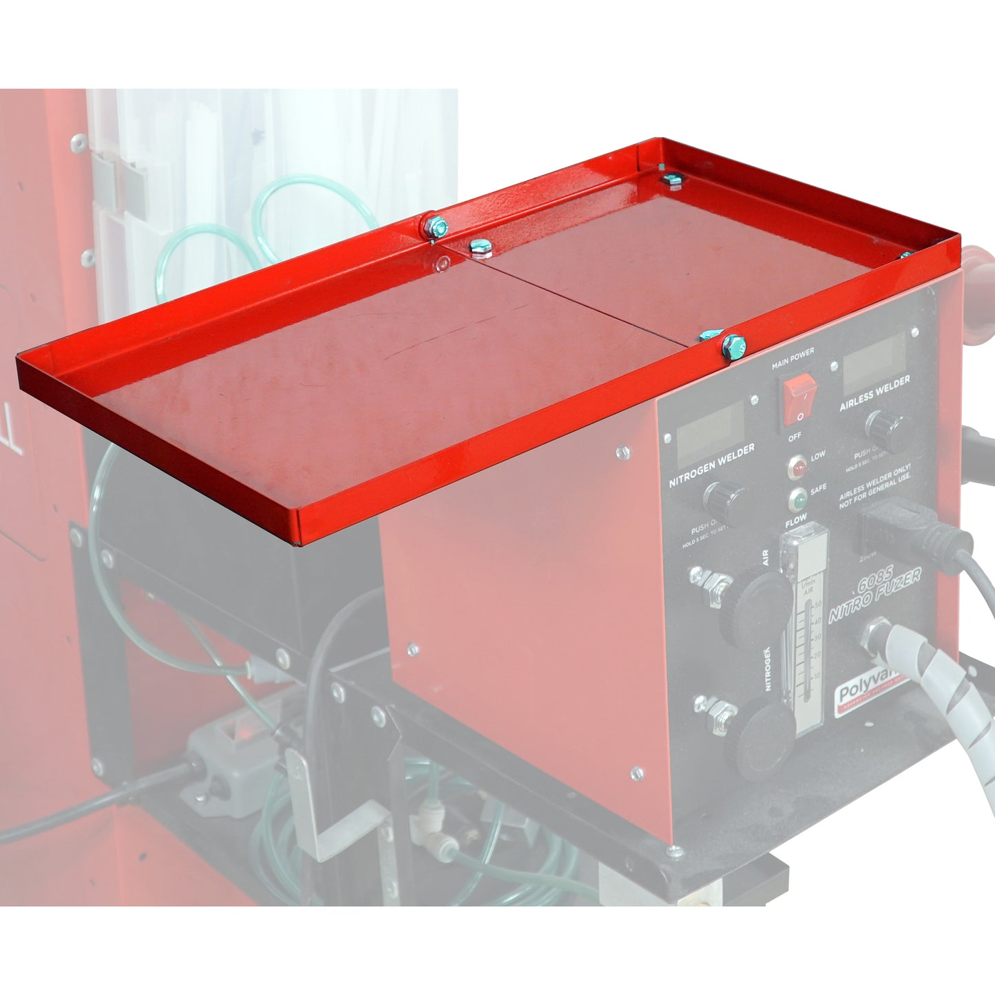 Nitro Fuzer Accessory Shelf in the open position, installed on top of a nitrogen welder cabinet