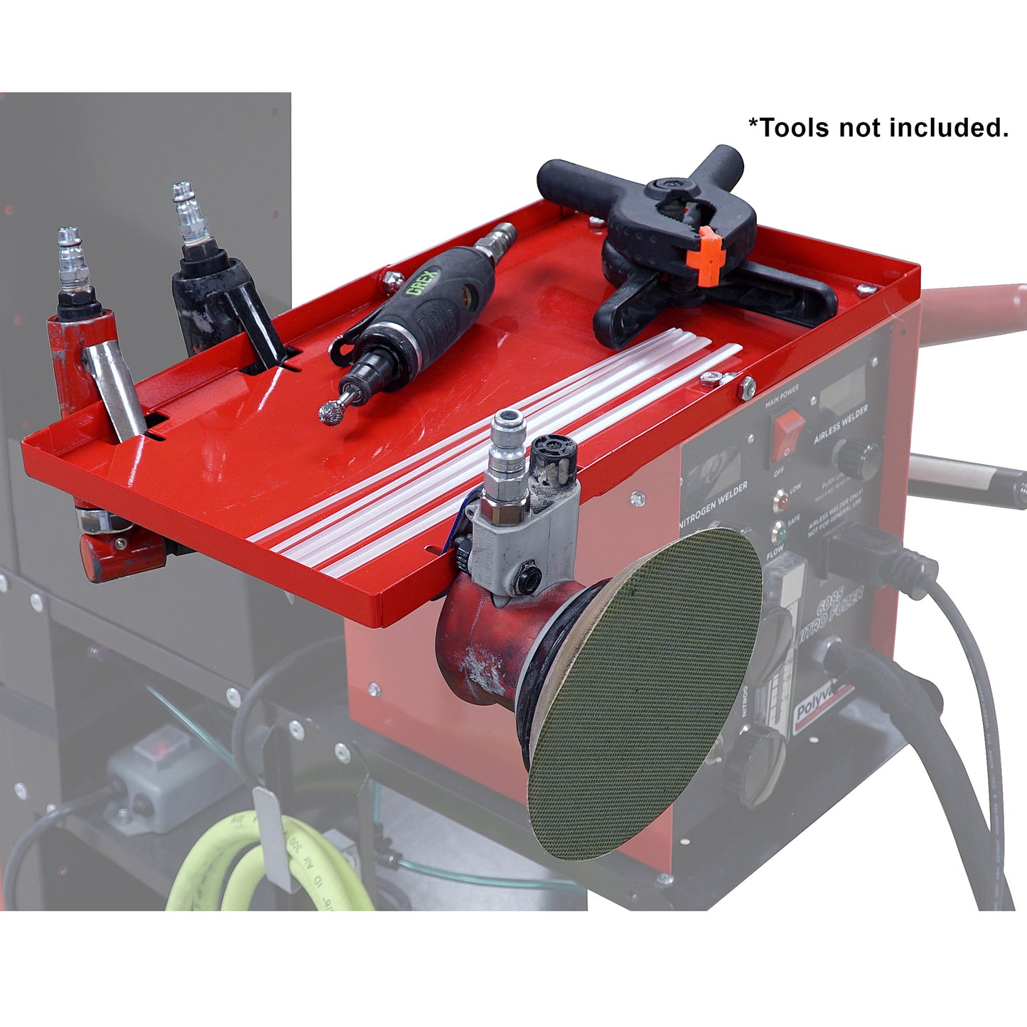 Nitro Fuzer Accessory Shelf in the open position with tools and welding rod on the shelf, installed on top of a nitrogen welder cabinet