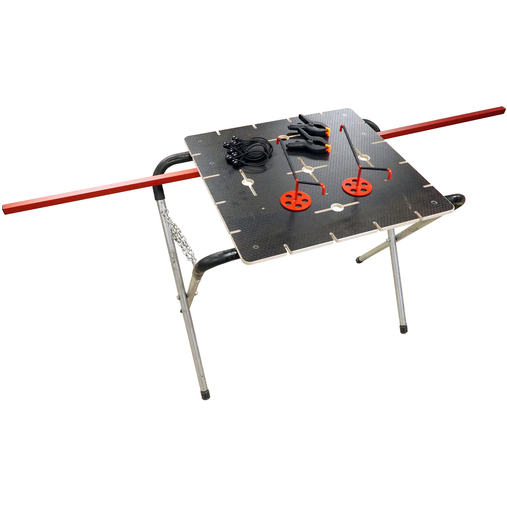 Plastic Repair Workstation with arms extended and accessories on top. Sitting on a scissor stand