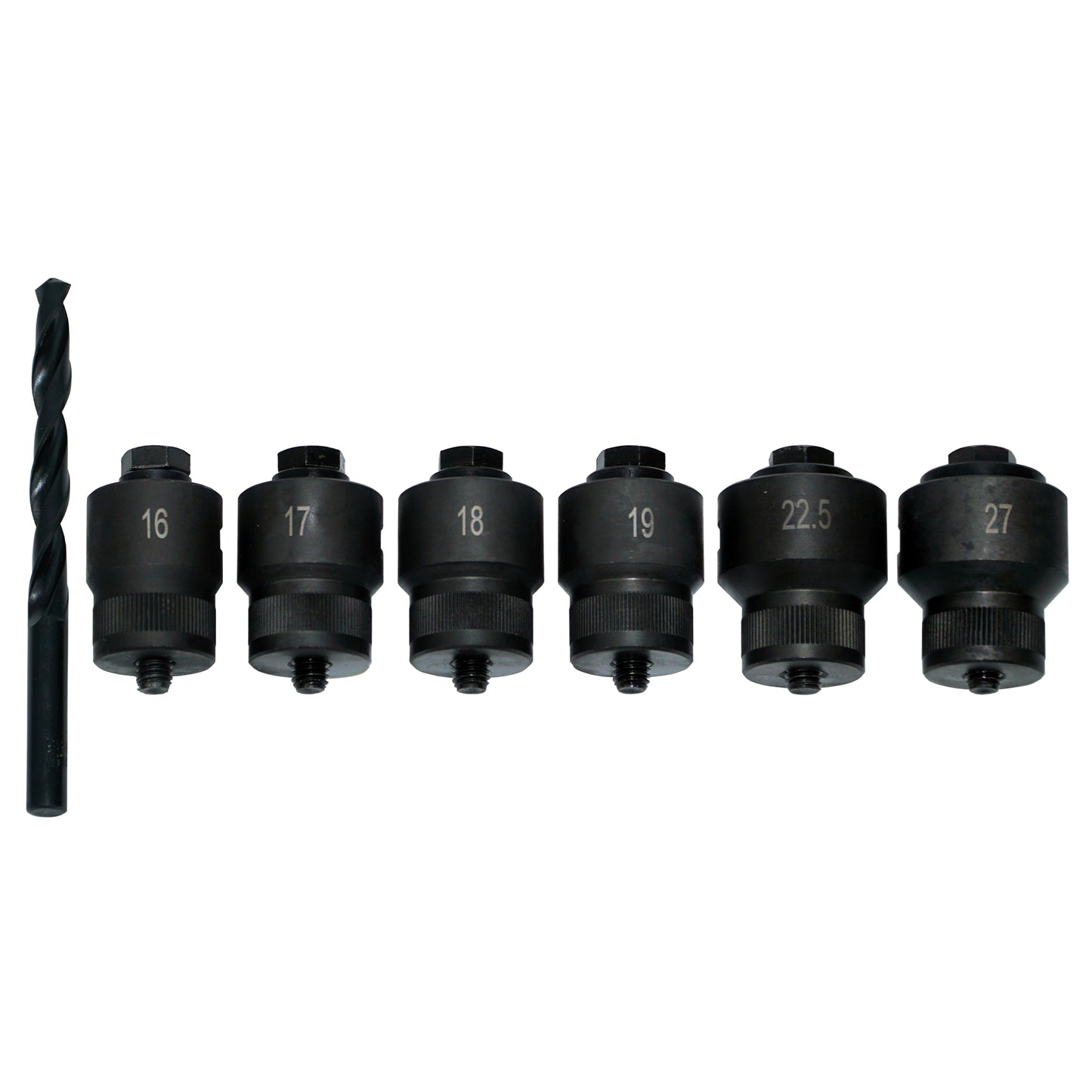 Sensor Hole Cutting Kit, featuring a drill bit and 6 cutter sizes - 16mm, 17mm, 18mm, 19mm, 22.5mm, 27mm.
