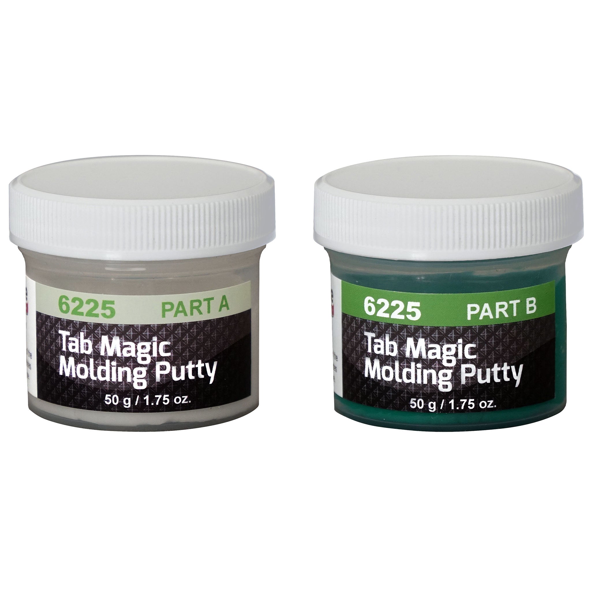 Tab Magic Molding Putty Kit, featuring two jars of putty. Part A is white, Part B is green