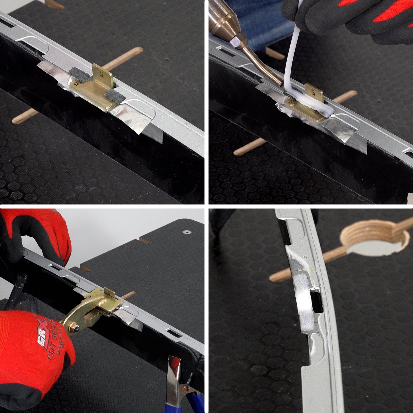 Photo collage showing the repair of a broken slot tab using the Tab Saver Kit