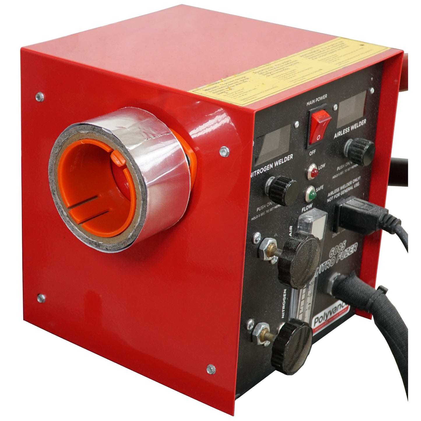 The Tape Thing 2" Magnetic Tape Spool holding Polyvance Aluminum Tape, stuck to the side of a nitrogen plastic welder cabinet