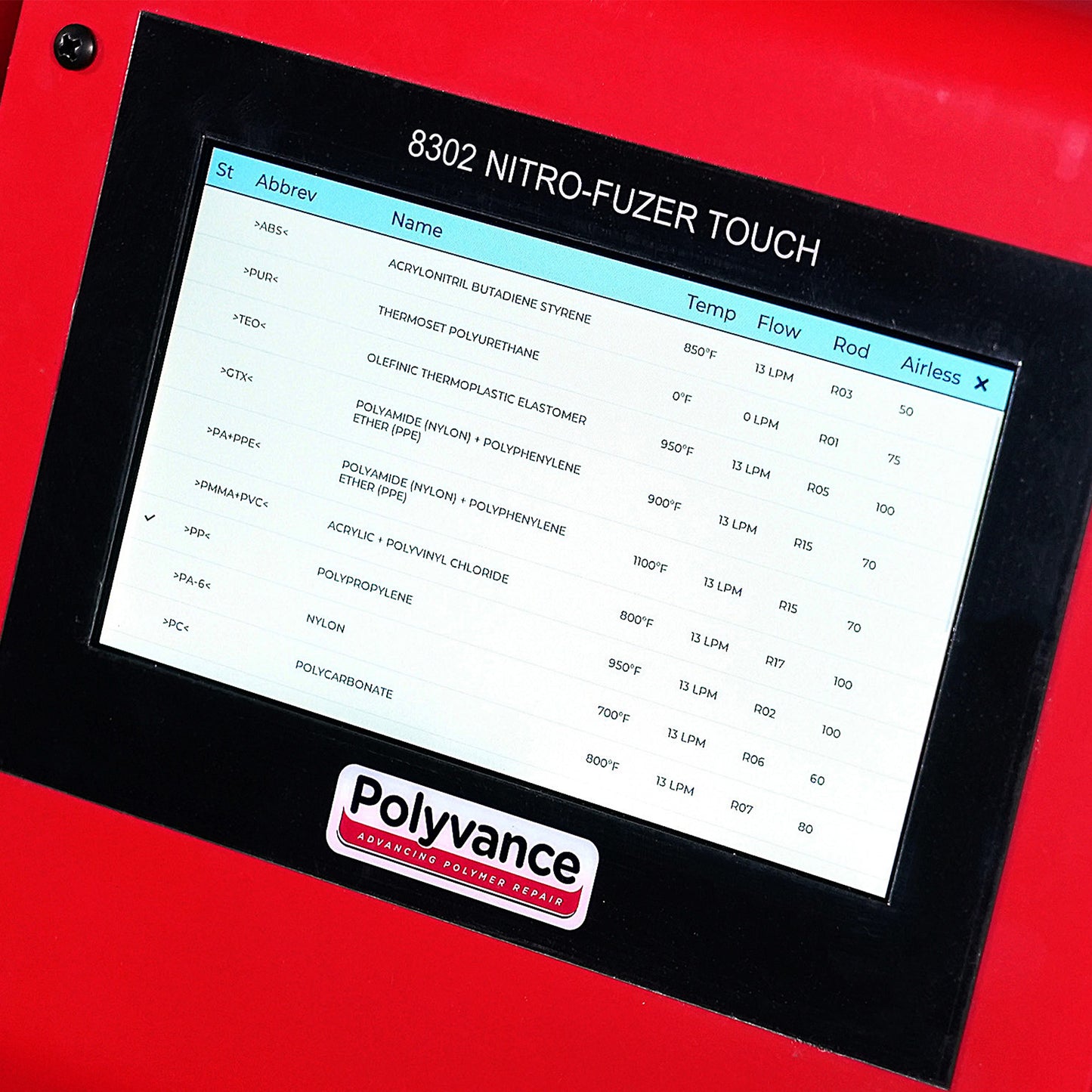 Welder touchscreen displaying a variety of selectable plastics and their welding presets