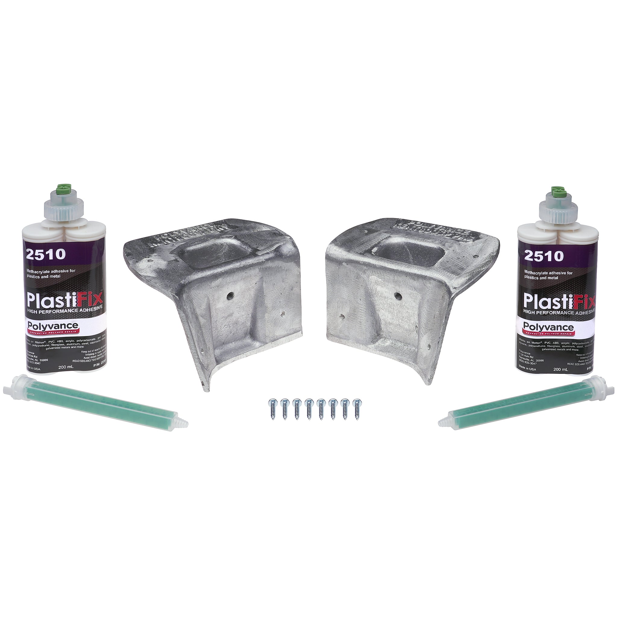 KENT800SP kit, including two aluminum castings, 2 cartridges of PlastiFix High Performance Adhesive, two mixer tips, and 8 screws