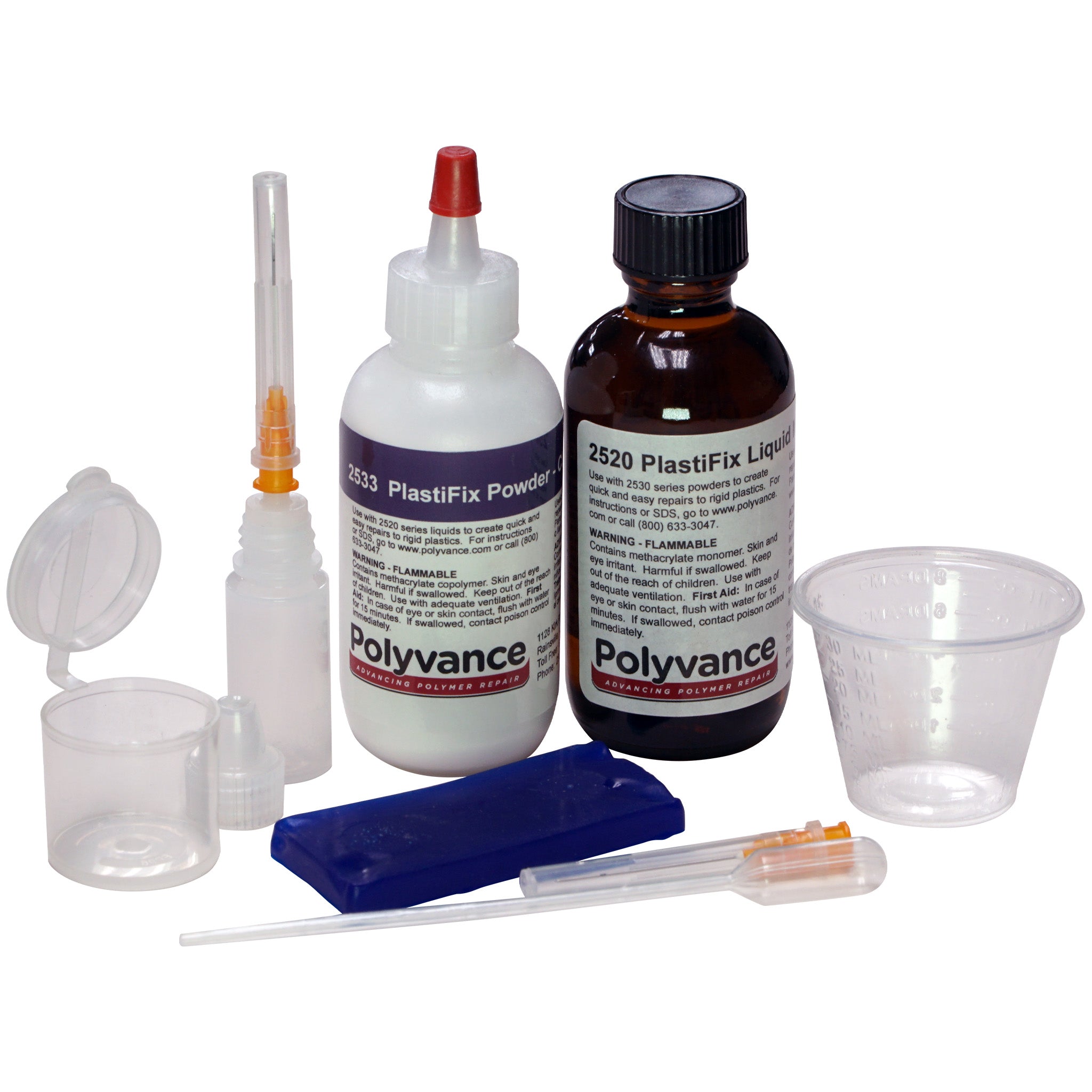 PlastiFix kit with a bottle of clear powder