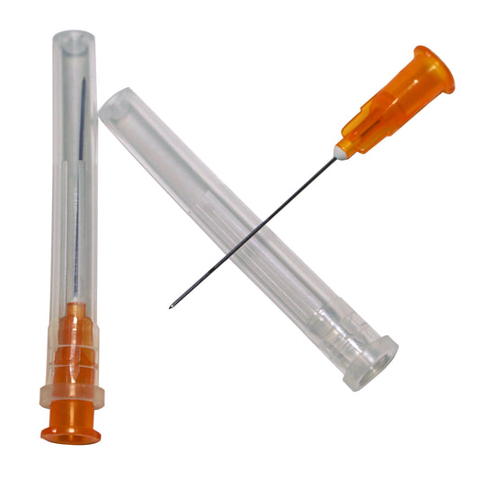 Two Plastifix Applicator Needles, one needle has the cap on, the other has the cap off