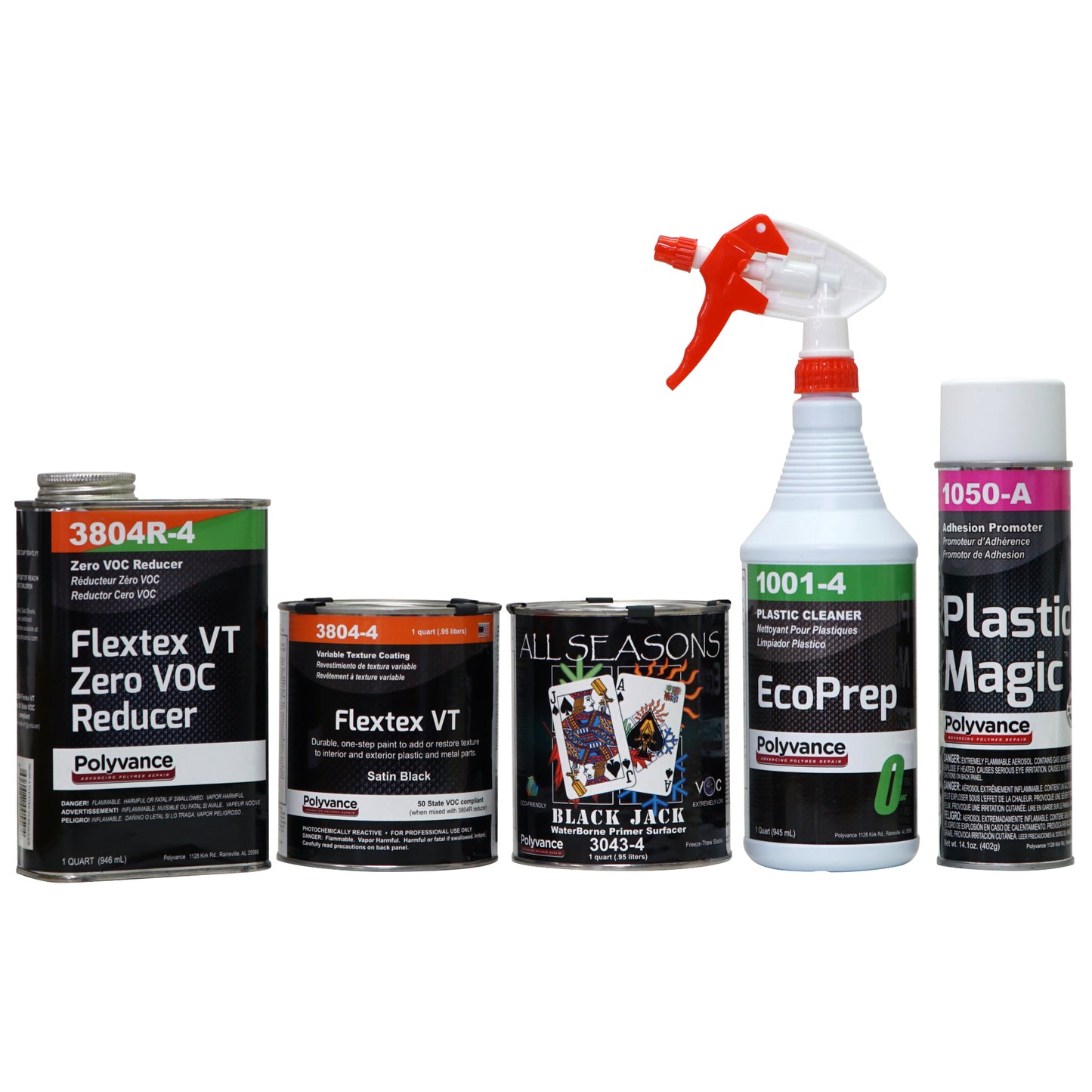 One quart of Flextex Zero VOC Reducer, one quart of Flextex coating, one quart of black waterborne primer surfacer, one spray bottle of EcoPrep, one aerosol can of Plastic Magic