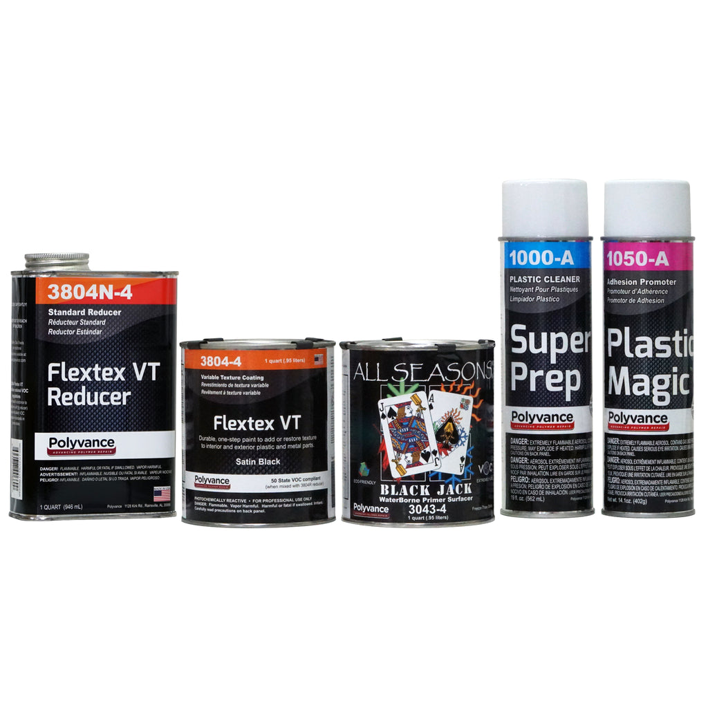 One quart of Flextex Standard Reducer, one quart of Flextex coating, one quart of black waterborne primer surfacer, one aerosol can of Super Prep, one aerosol can of Plastic Magic