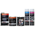 One quart of Flextex Standard Reducer, one quart of Flextex coating, one quart of black waterborne primer surfacer, one aerosol can of Super Prep, one aerosol can of Plastic Magic
