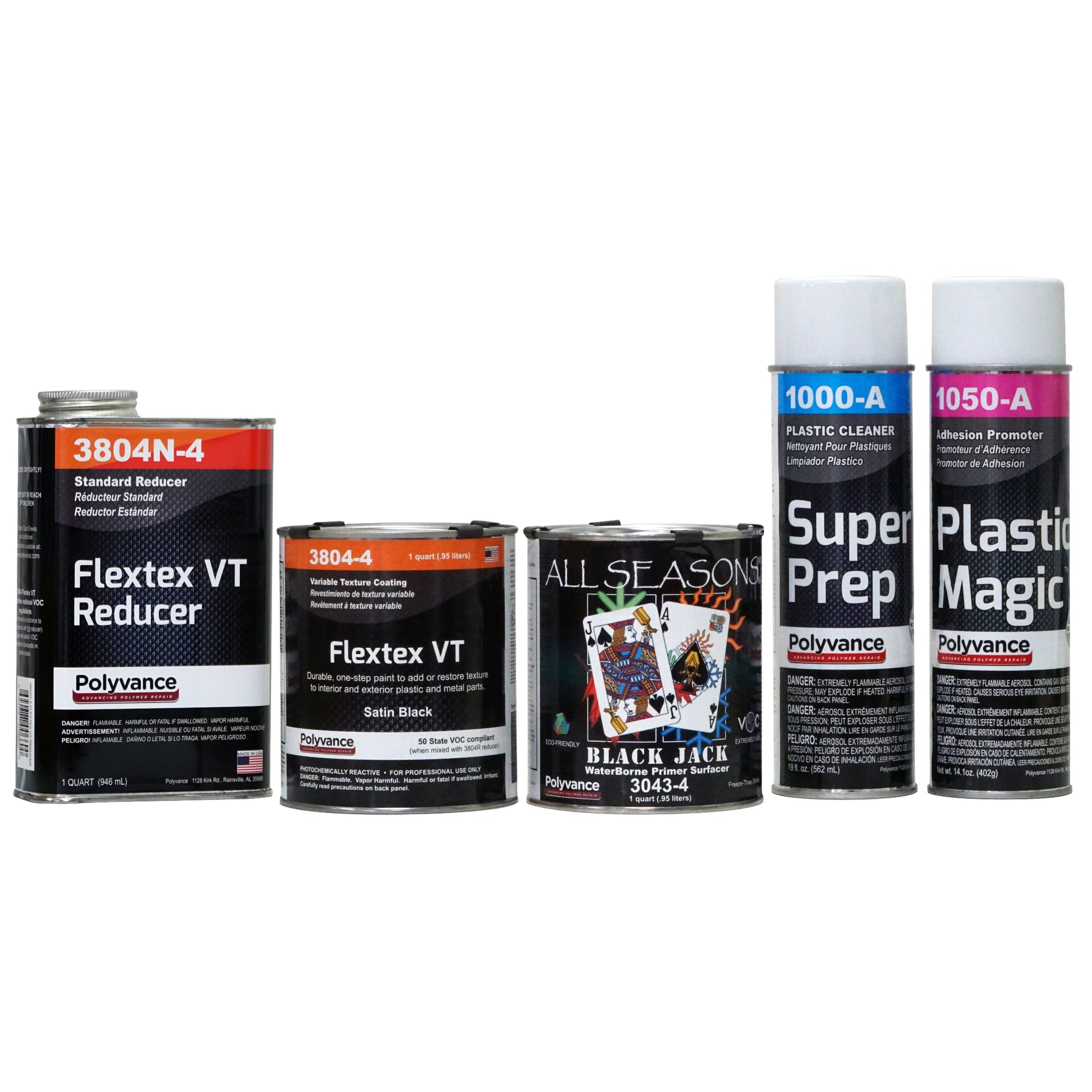 One quart of Flextex Standard Reducer, one quart of Flextex coating, one quart of black waterborne primer surfacer, one aerosol can of Super Prep, one aerosol can of Plastic Magic