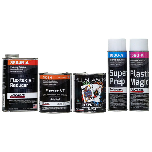 One quart of Flextex Standard Reducer, one quart of Flextex coating, one quart of black waterborne primer surfacer, one aerosol can of Super Prep, one aerosol can of Plastic Magic