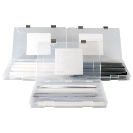 Three open plastic boxes, each filled with plastic welding rods. Each box contains different rods, with 21 types total
