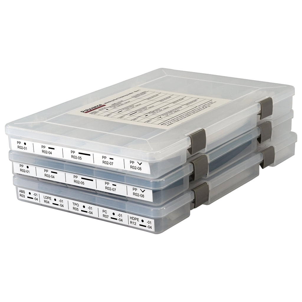 Three stacked plastic boxes filled with plastic welding rods. Each box has a label on the top and the end identifying the welding rods contained within.