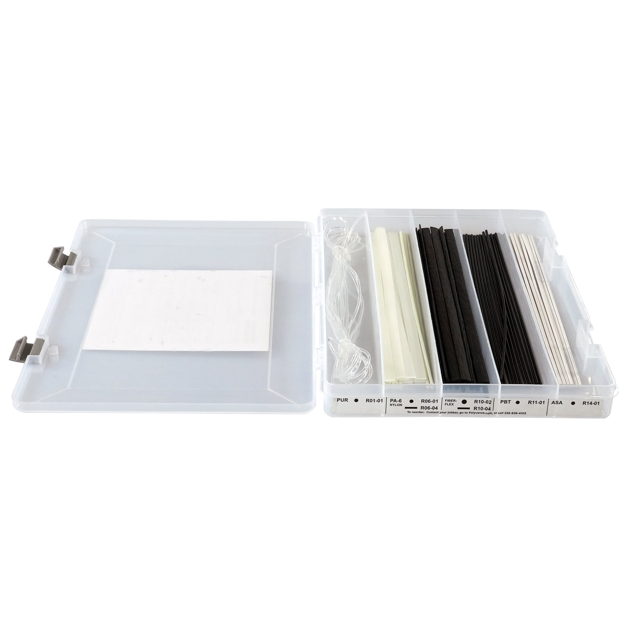 One open plastic organizer box filled with welding rods. The end of the box has a label identifying the welding rods within.