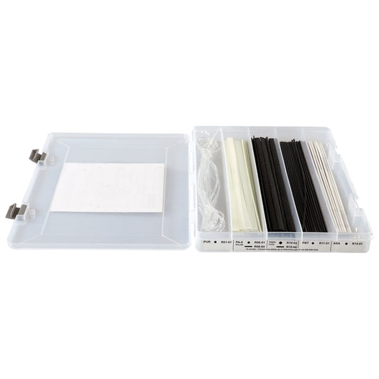 One open plastic organizer box filled with welding rods. The end of the box has a label identifying the welding rods within.
