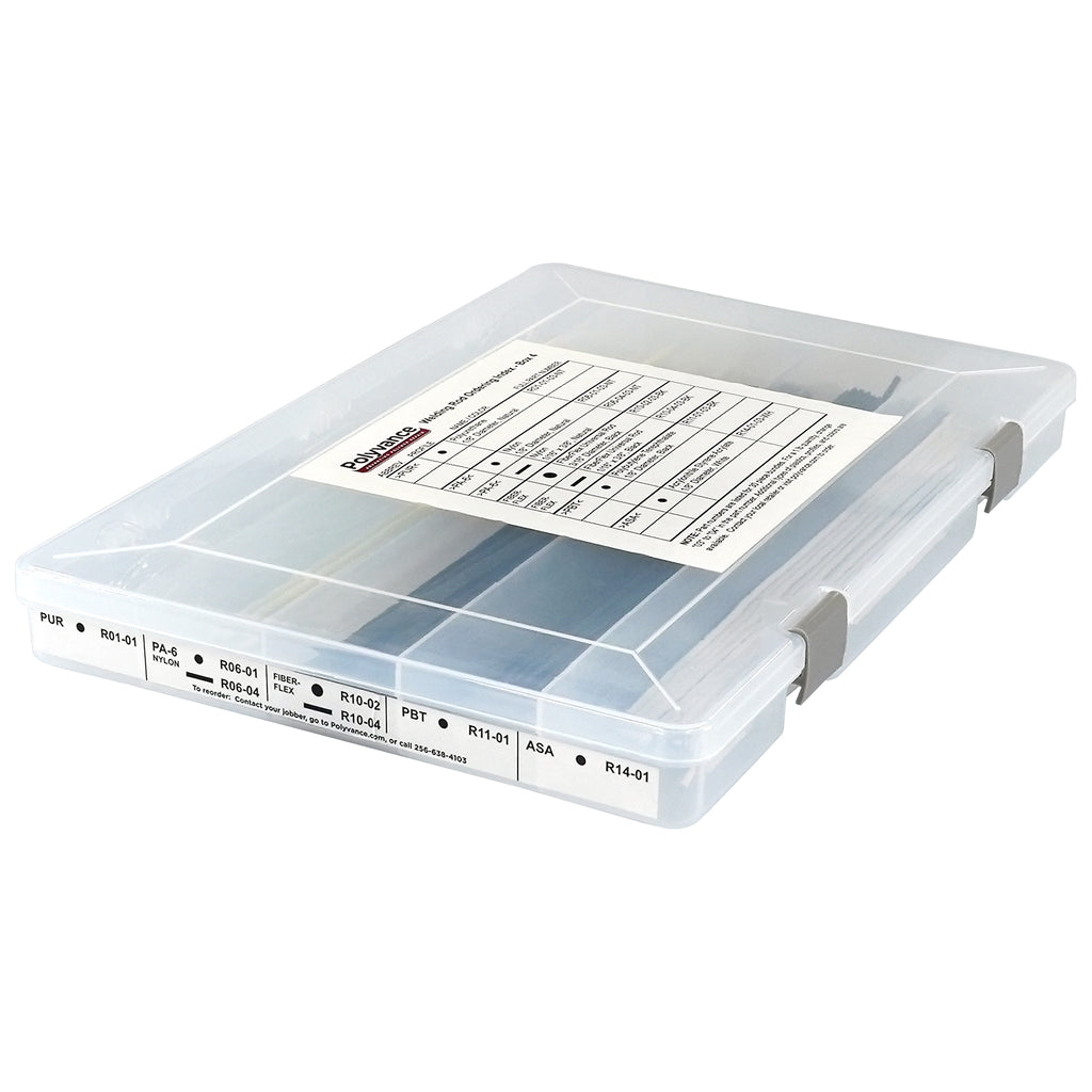 One closed plastic organizer box filled with welding rods. The top and end of the box has a label identifying the welding rods within.