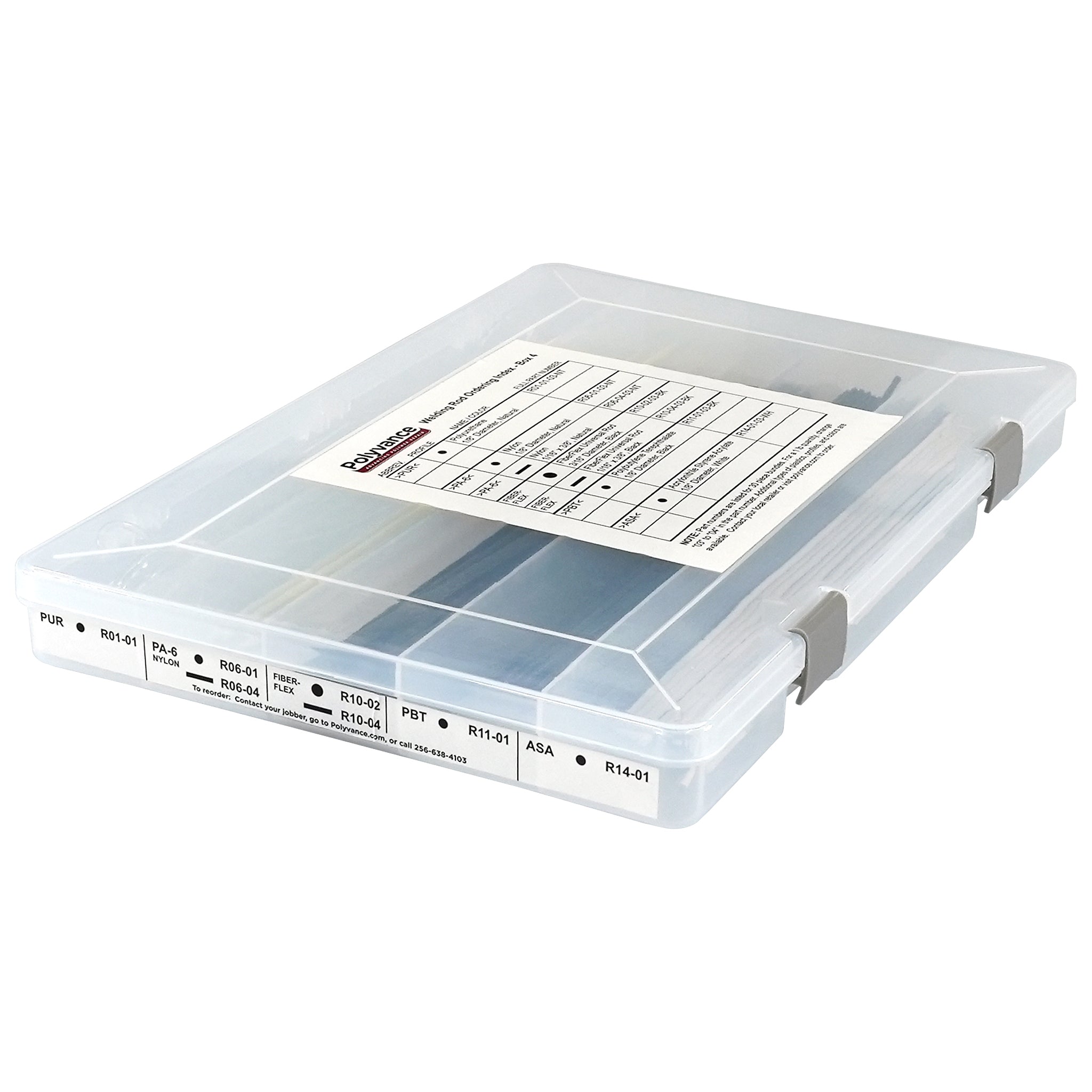 One closed plastic organizer box filled with welding rods. The top and end of the box has a label identifying the welding rods within.