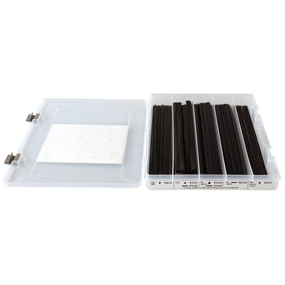 One open plastic organizer box filled with welding rods. The end of the box has a label identifying the welding rods within.