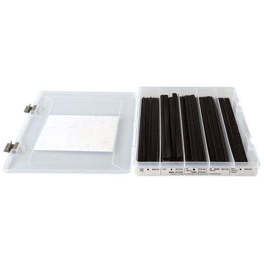 One open plastic organizer box filled with welding rods. The end of the box has a label identifying the welding rods within.
