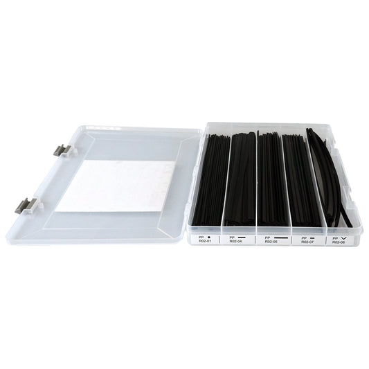 One open plastic organizer box filled with a variety of black polypropylene welding rods. The end of the box has a label identifying the welding rods within.