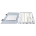 One open plastic organizer box filled with a variety of natural polypropylene welding rods. The end of the box has a label identifying the welding rods within.