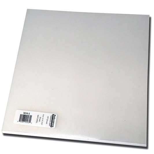 A 10 inch by 10 inch polypropylene plastic sheet, natural color