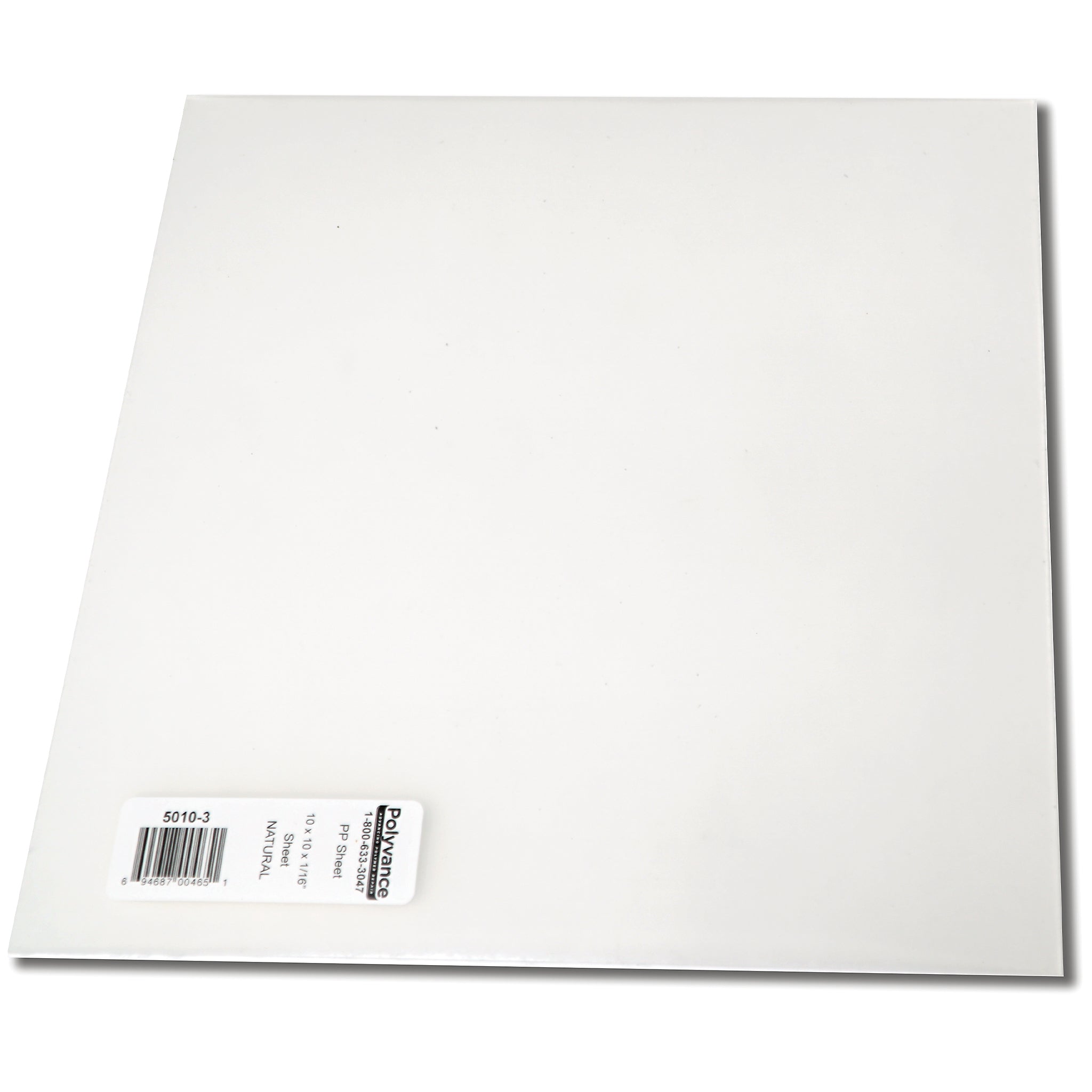 A 10 inch by 10 inch polypropylene plastic sheet, natural color