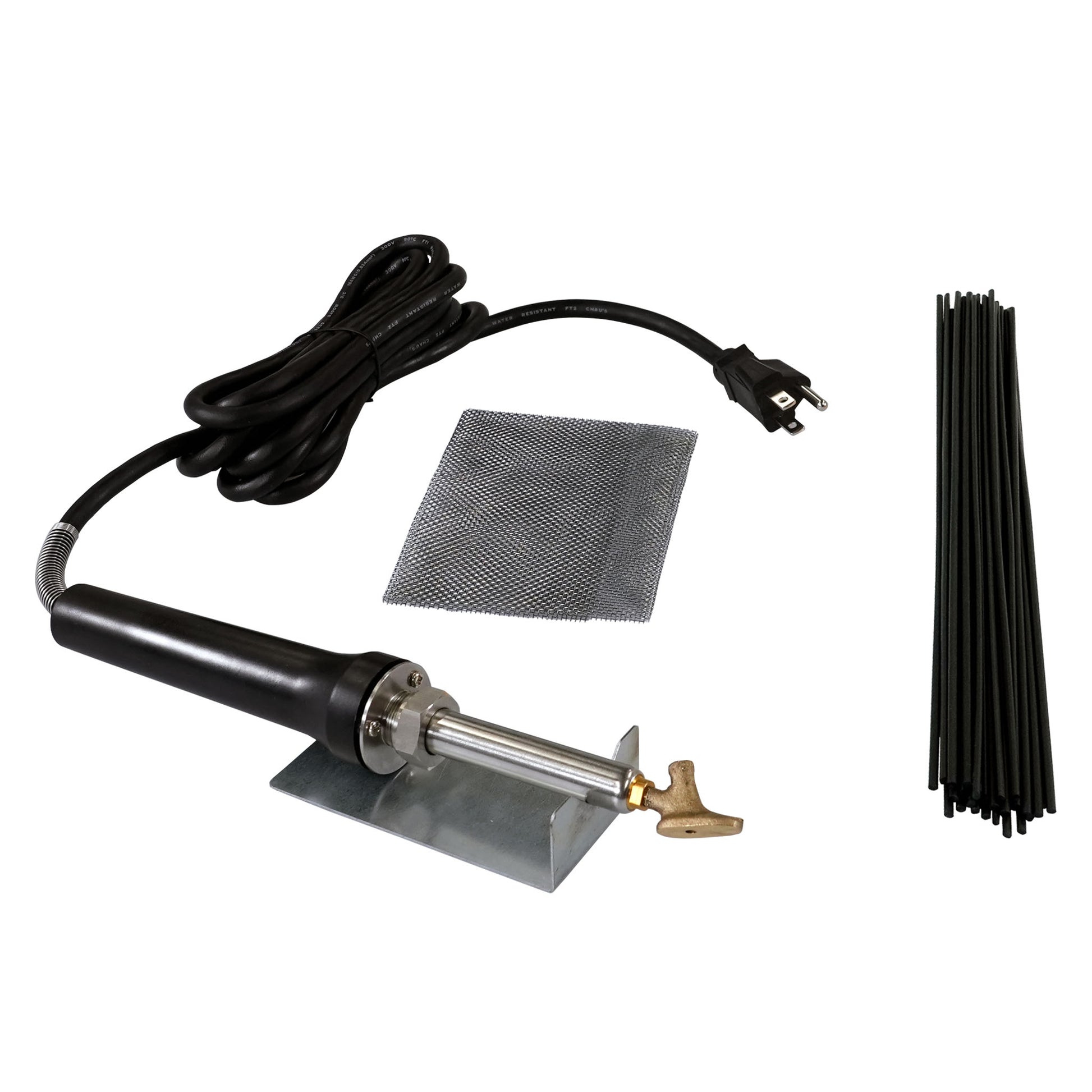 Polypro Plastic Welder Kit with an airless plastic welder with a tube tip sitting on a welder stand and 30 round black welding rods