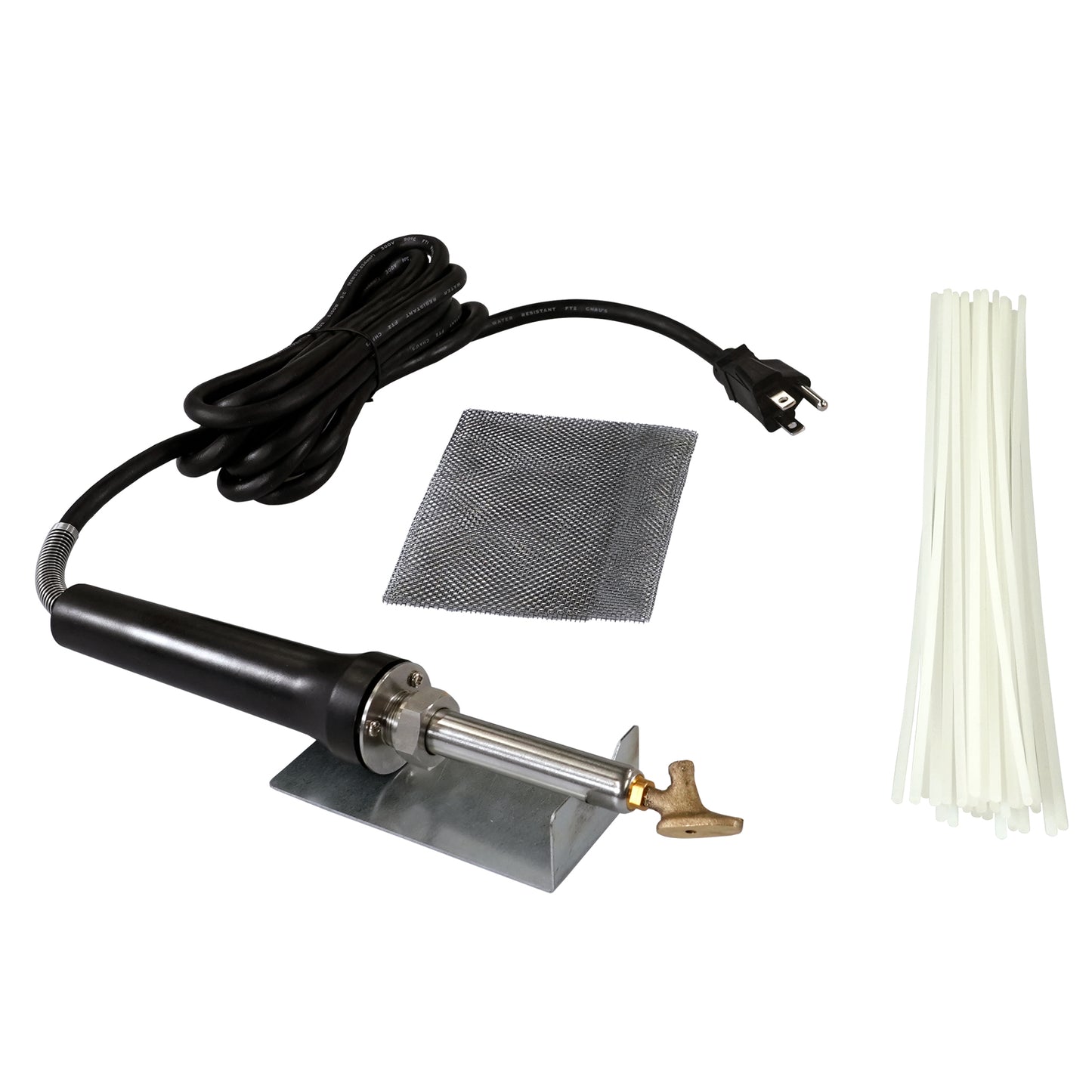 Radiator Plastic Welder Kit with an airless plastic welder with a tube tip sitting on a welder stand and 30 round natural nylon welding rods