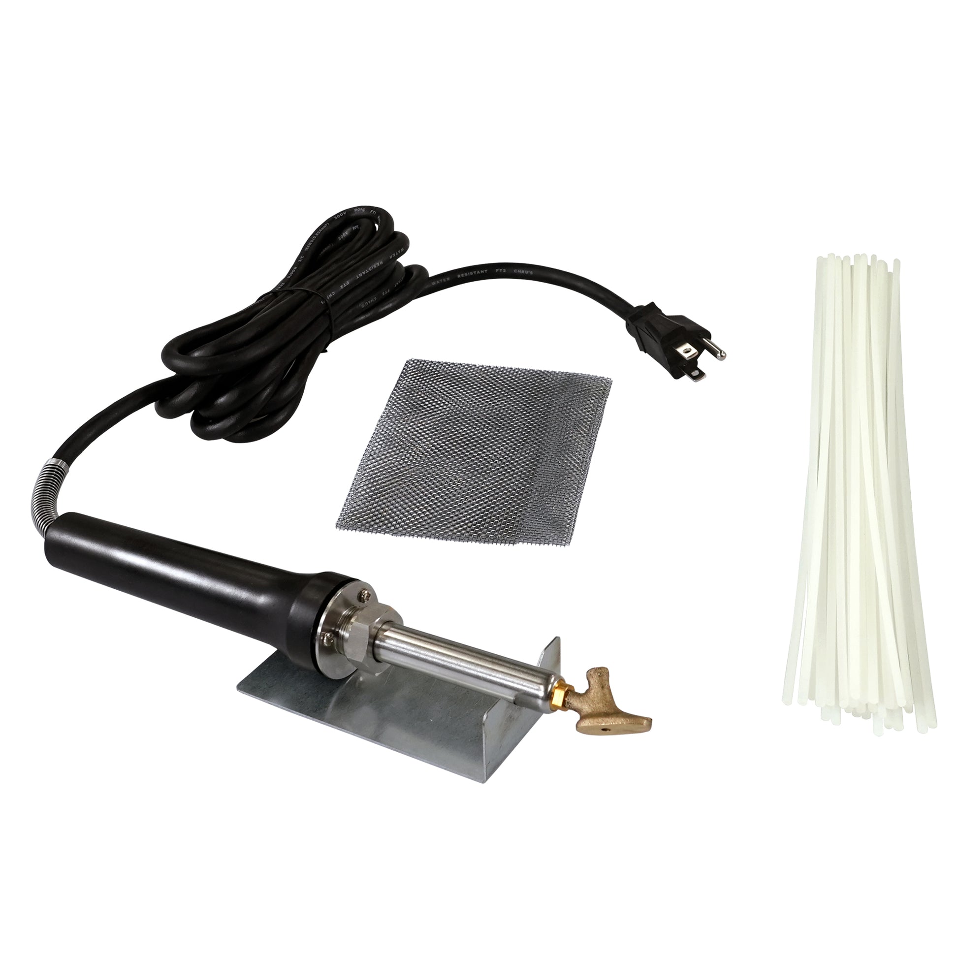 Radiator Plastic Welder Kit with an airless plastic welder with a tube tip sitting on a welder stand and 30 round natural nylon welding rods