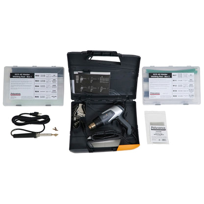 An open case with a hot air welder and nozzles inside. To the sides are an airless welder and tip, welding rod boxes, and stainless steel wire mesh.