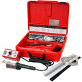 Airless plastic welder with a temperature control box and a variety of welding rods. Behind is an open red case with additional accessories.