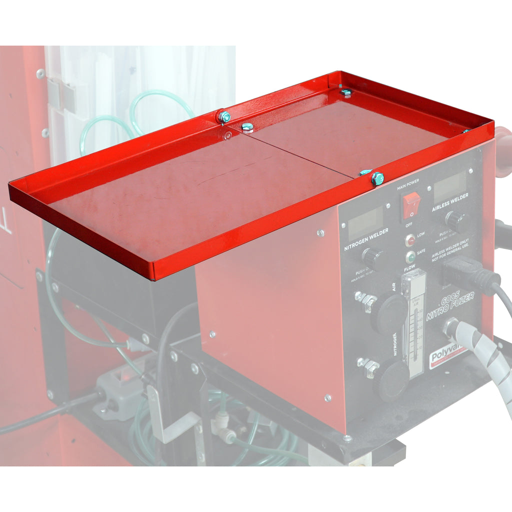 Nitro Fuzer Accessory Shelf in the open position, installed on top of a nitrogen welder cabinet