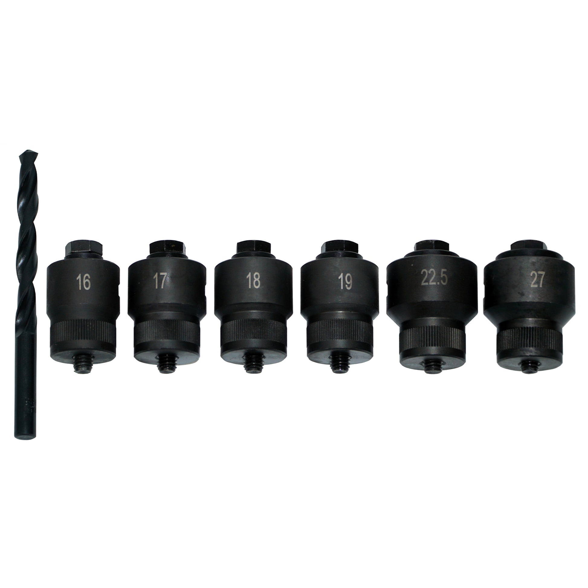 Sensor Hole Cutting Kit, featuring a drill bit and 6 cutter sizes - 16mm, 17mm, 18mm, 19mm, 22.5mm, 27mm.
