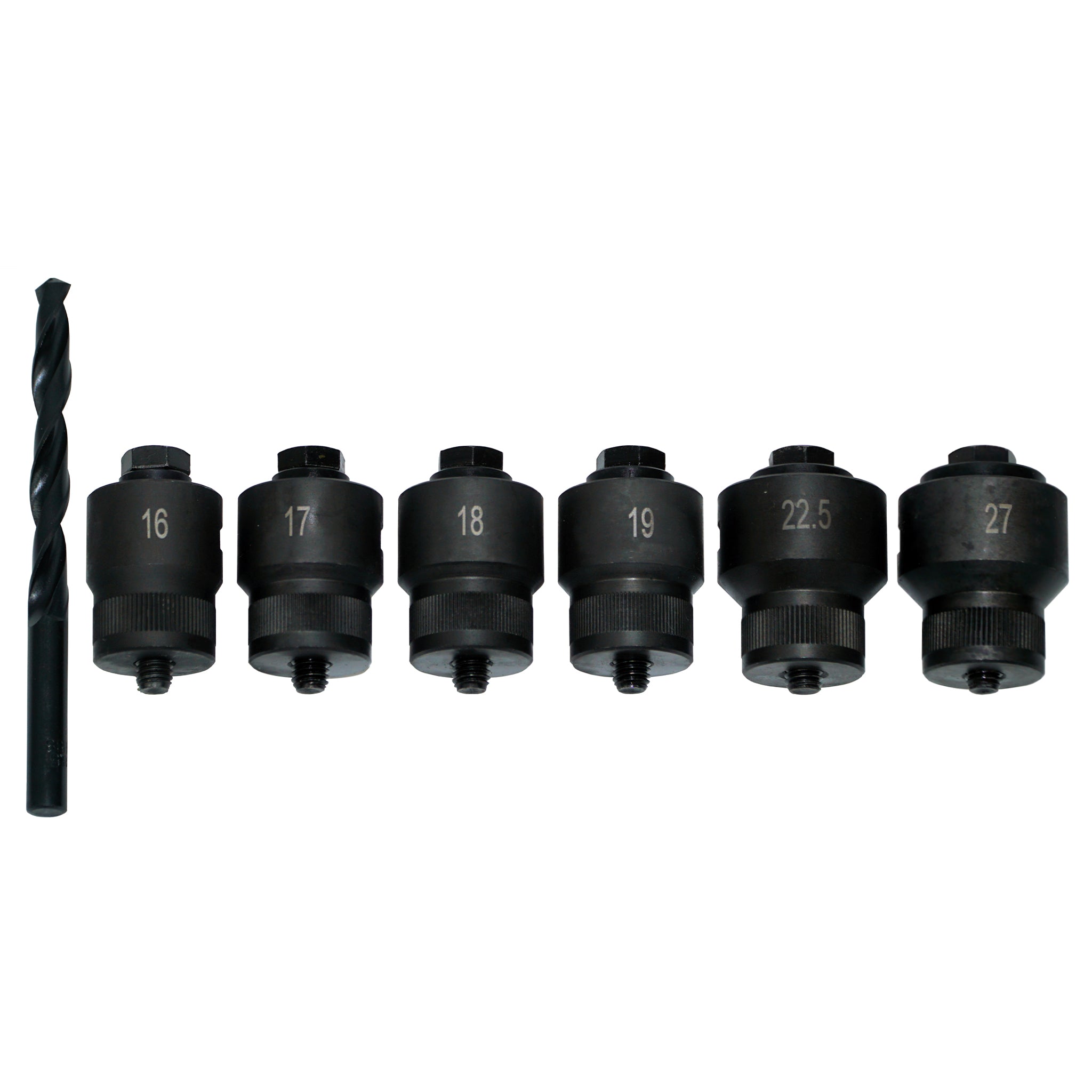 Sensor Hole Cutting Kit, featuring a drill bit and 6 cutter sizes - 16mm, 17mm, 18mm, 19mm, 22.5mm, 27mm.