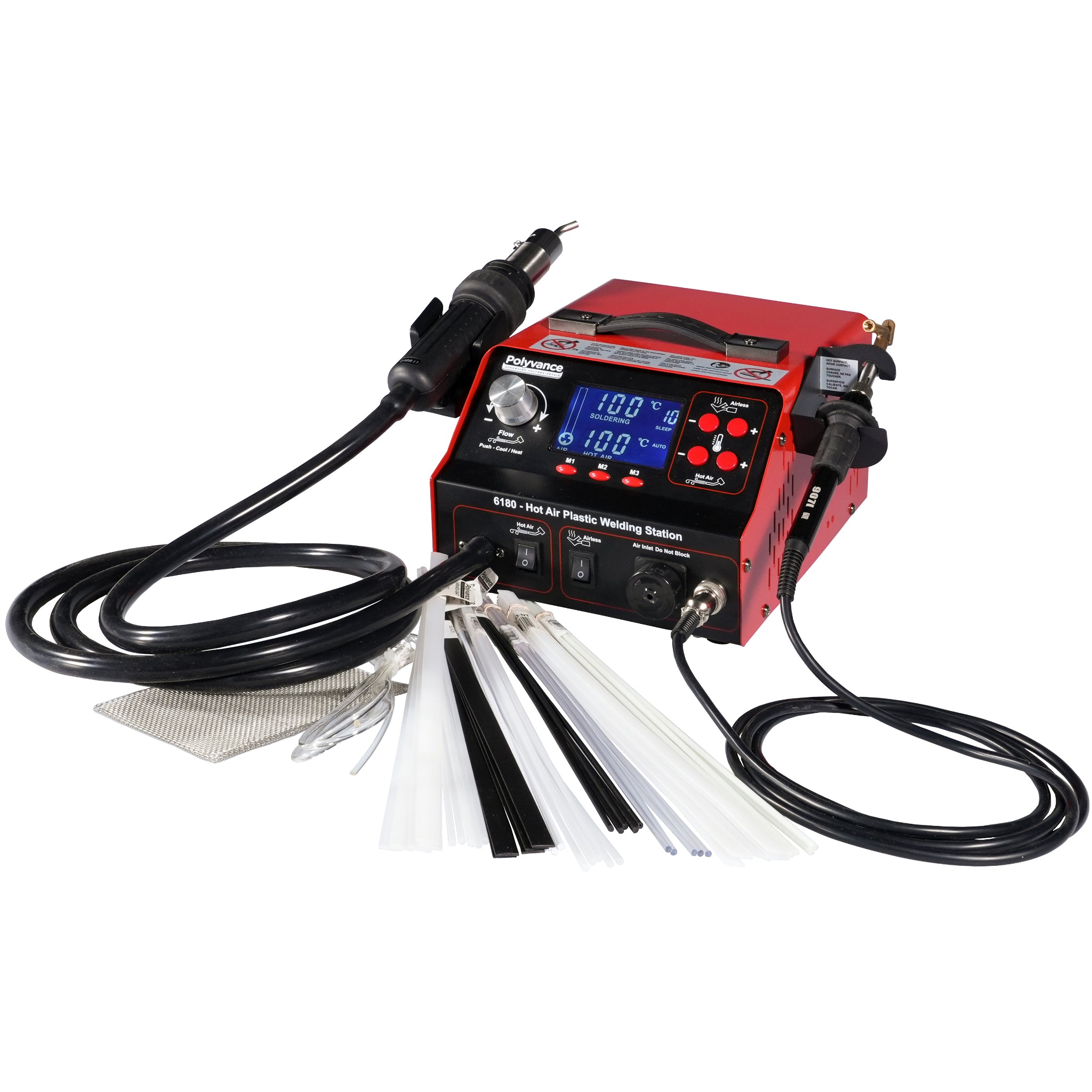 Hot air plastic welder with digital temperature controls, hot air and airless welders, and an assortment of welding rod