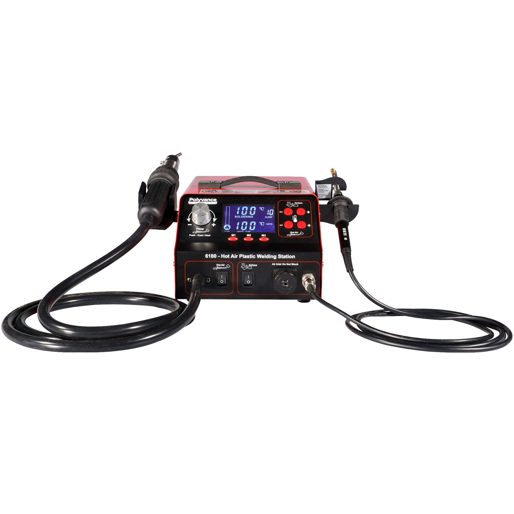 Hot air plastic welder with digital temperature controls and hot air and airless welders