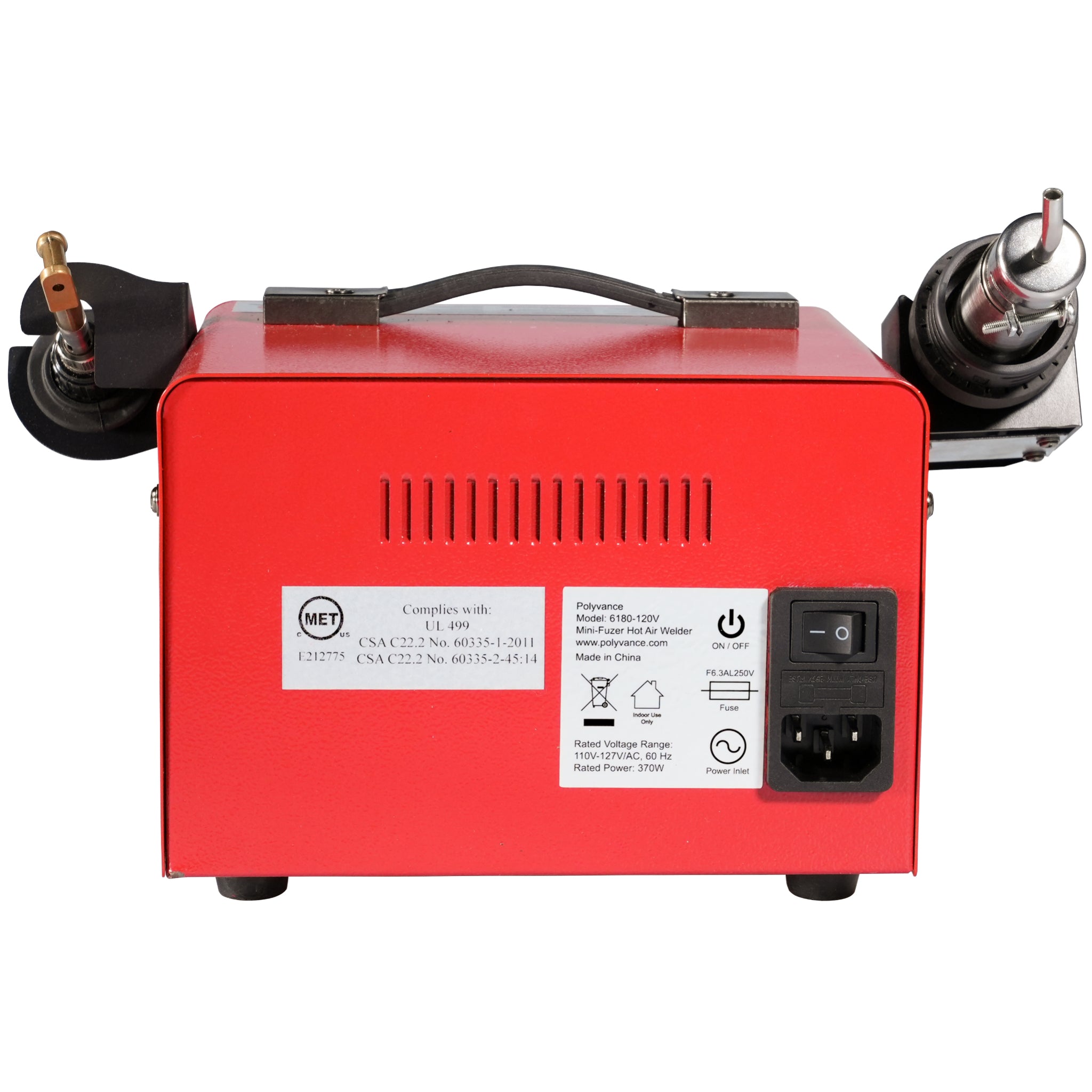 Backside of the hot air welder showing the power switch and labels