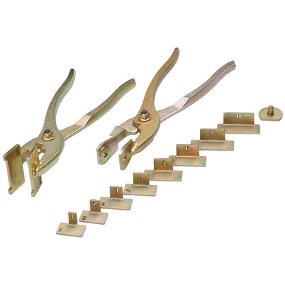 Two custom shaped Tab Saver pliers, eight slot forming dies of varying widths, and one pin die