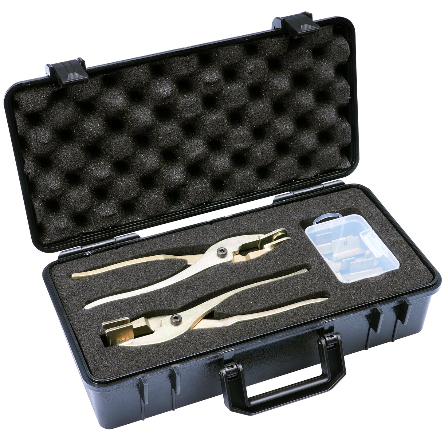 An open case with two Tab Saver pliers and a box of dies inside