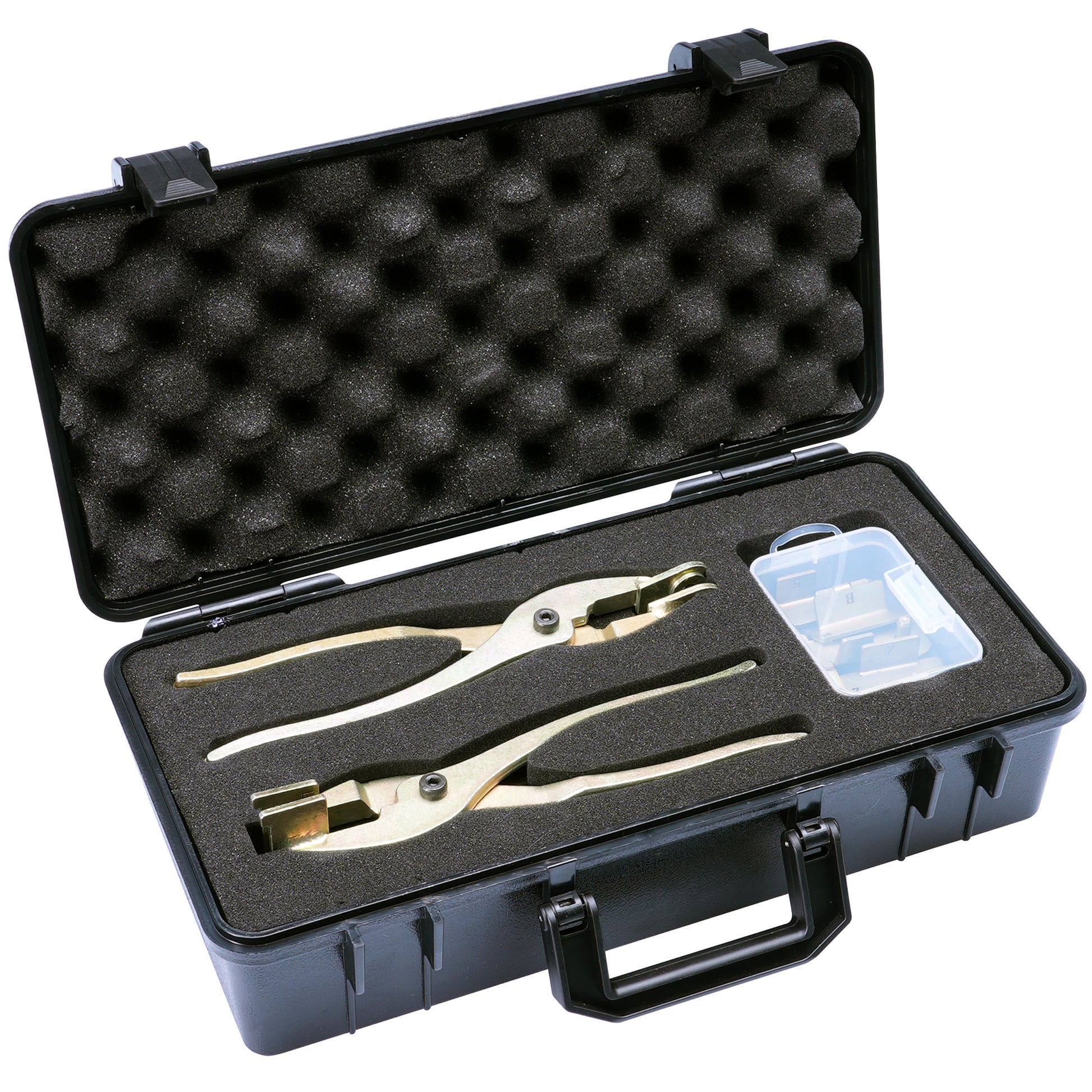 An open case with two Tab Saver pliers and a box of dies inside