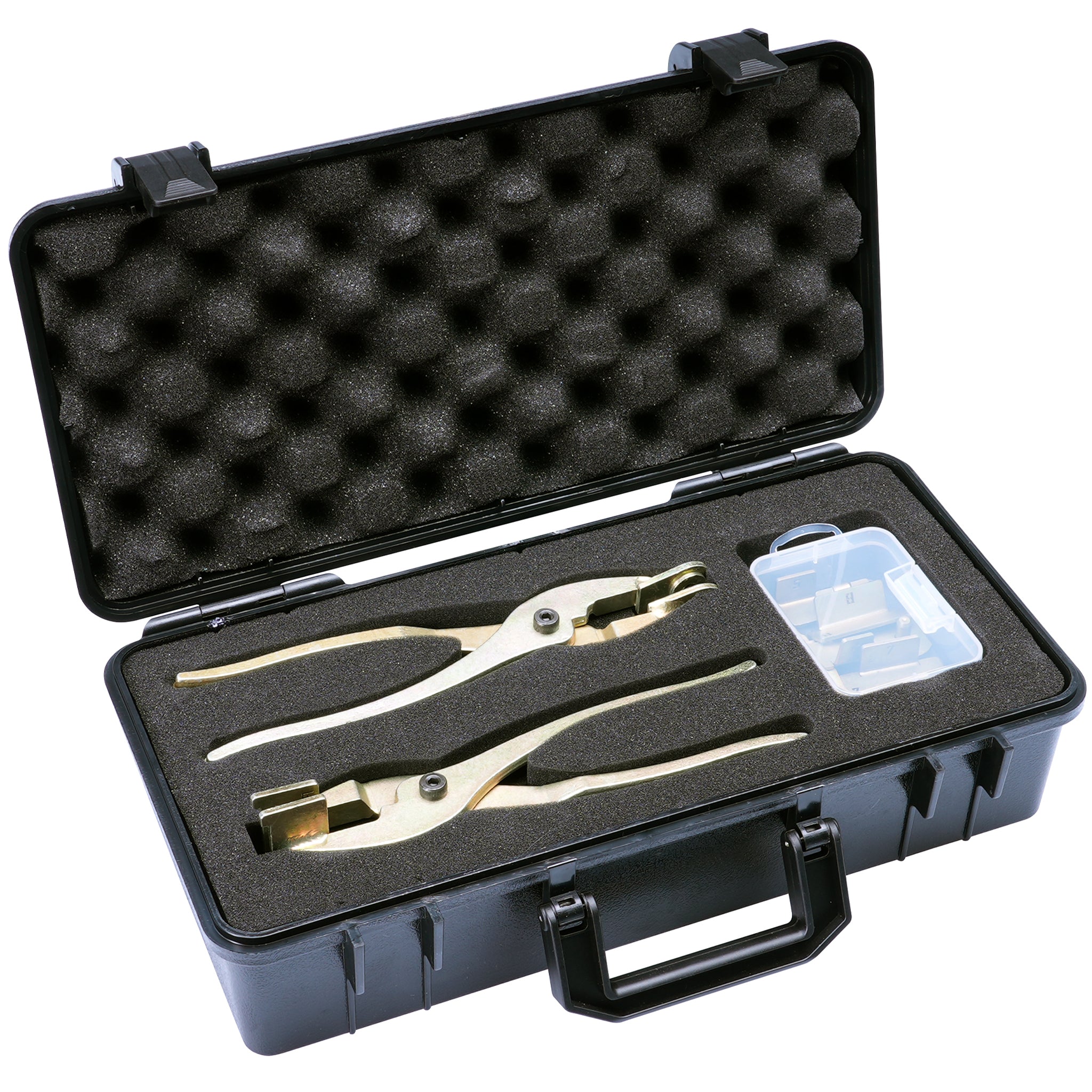 An open case with two Tab Saver pliers and a box of dies inside