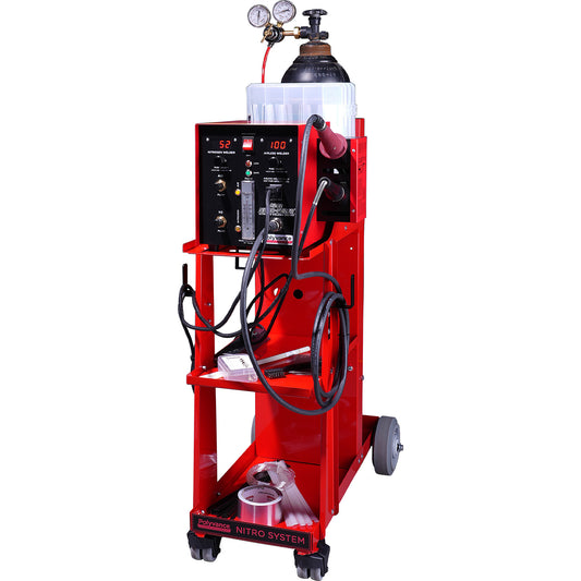 Nitrogen plastic welder with digital controls, nitrogen and airless welders, and accessories on a red cart