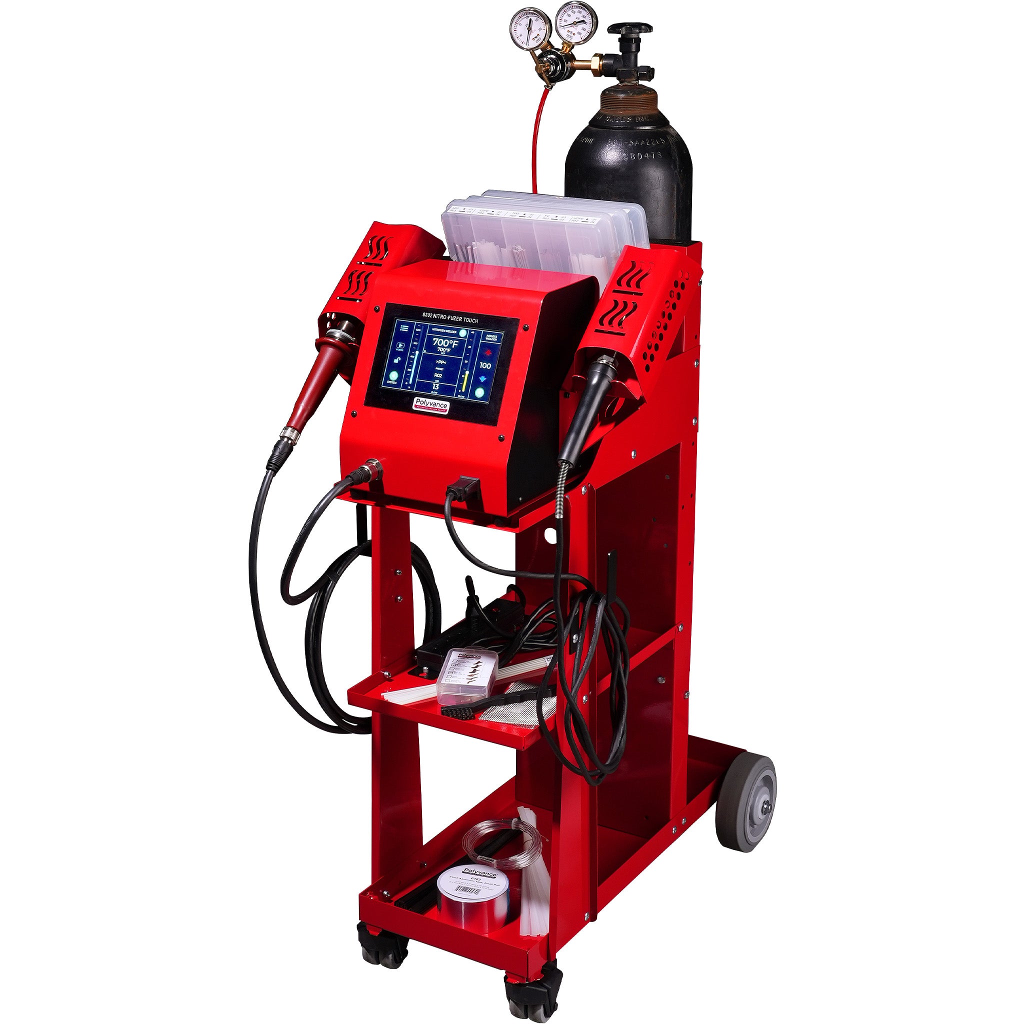 Nitrogen plastic welder with digital touchscreen, nitrogen and airless welders, and accessories on a red cart